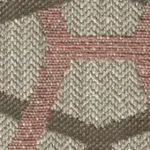 Woven fabric texture with interlocking gray-brown, blush pink, and beige diamond shapes featuring a chevron pattern and printed label.